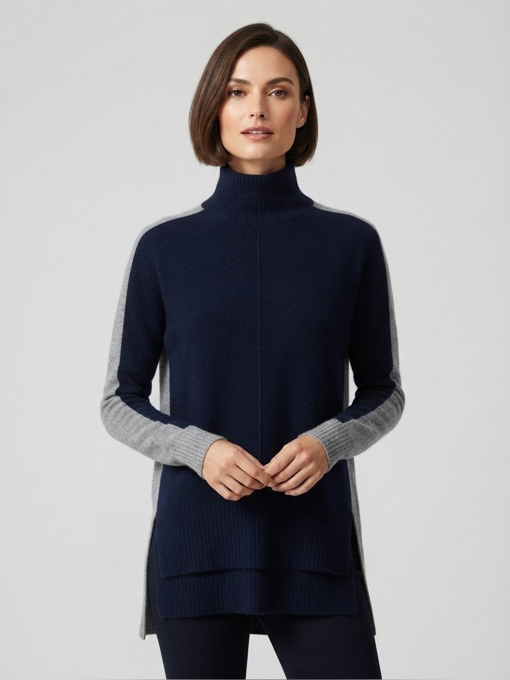 Athleta Transit Colorblock Pullover Turtleneck Sweater Navy Blue/Grey Size XS